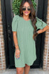 Corded Knit Crew Neck Puff Sleeve Shift Mini Dress